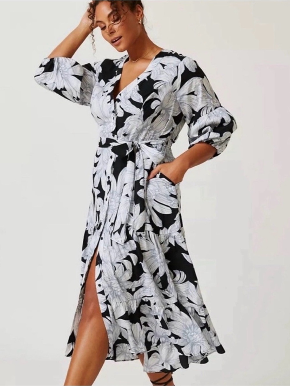 Maeve Anthropologie | Puff Sleeve Tiered Cotton Black & White Dress